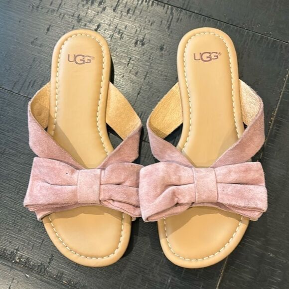 Ugg Dusty Pink Bow Suede Leather Slip On Spring Summer Sandals 5 - Picture 1 of 7